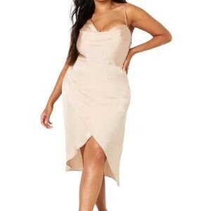 BooHoo Plus Satin Wrap Midi Dress Champagne Size 18 One Shoulder Sexy Date Night